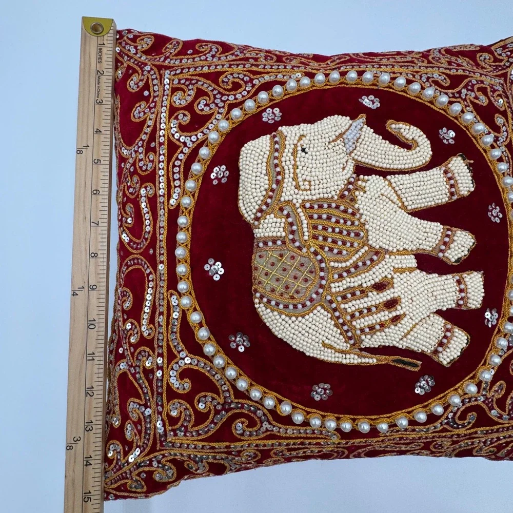 Handmade Elephant Throw Pillow Red Velvet Beaded Sequin‎ Boho Decor